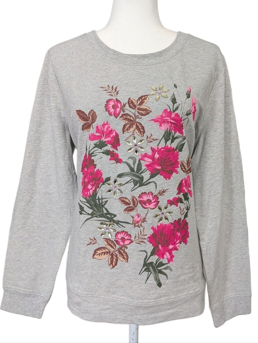 Denim & Co Womens Gray Pink Floral Bejeweled Gray Sweatshirt Size Large